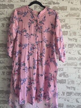Signature Neeru Kumar Pink Striped Floral Bird Tunic Shirt Dress Size L India